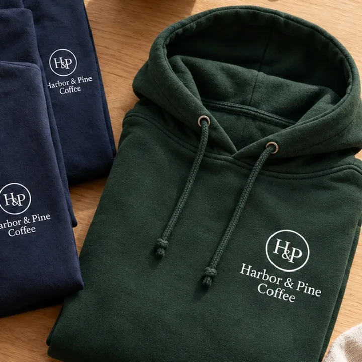 A forest green hoodie with a cafe logo on the chest