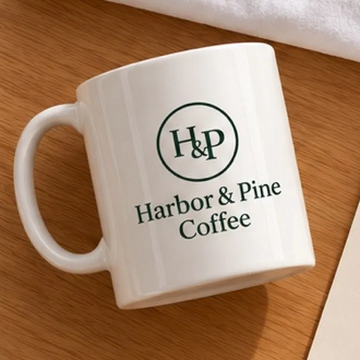 A white ceramic mug with a cafe logo