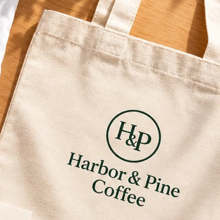 A natural canvas tote bag with a cafe logo
