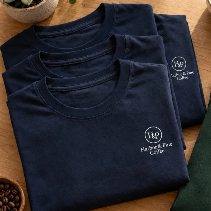 Folded navy t-shirts with a small cafe logo on the chest