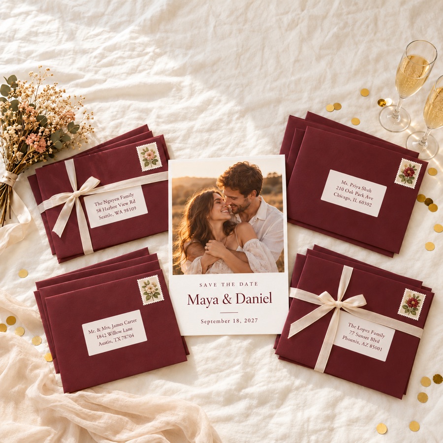 A save-the-date card with stacks of addressed burgundy envelopes