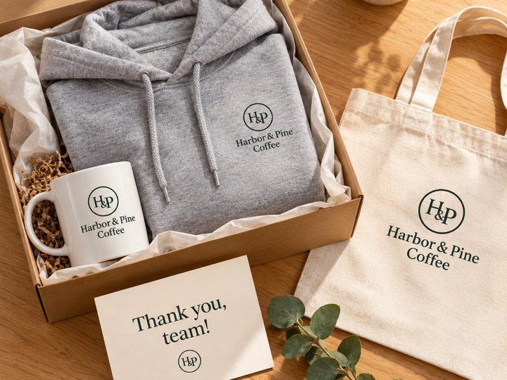 A gift box with a logo hoodie, mug, tote and thank-you card