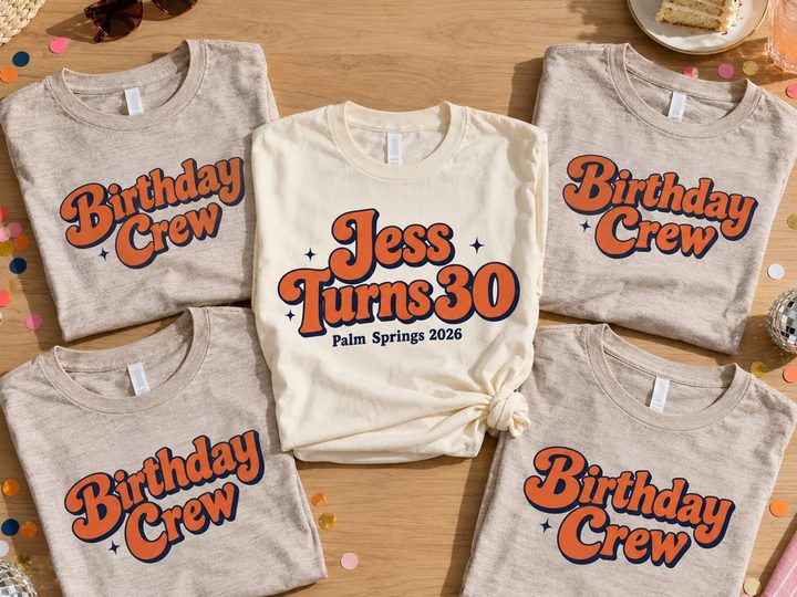 Matching Birthday Crew t-shirts around a birthday t-shirt