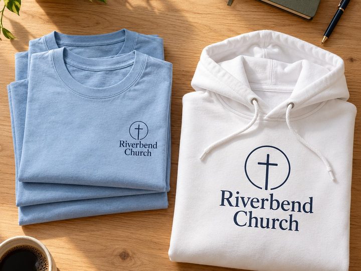 Light blue church t-shirts and a white hoodie with a church logo