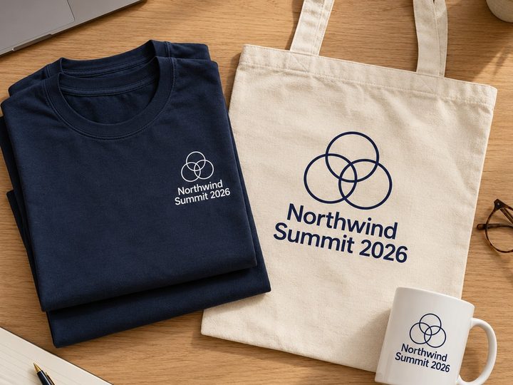 A conference t-shirt, tote and mug with an event logo