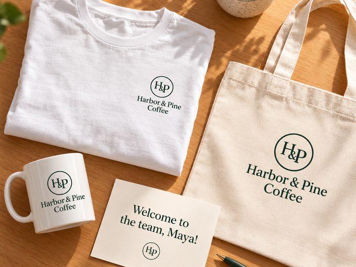 A welcome kit with a logo t-shirt, mug, tote and welcome card