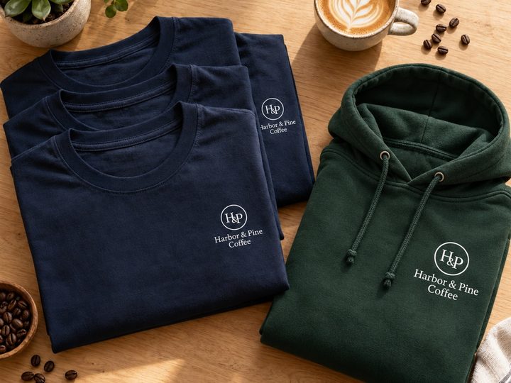 Navy logo t-shirts and a green logo hoodie