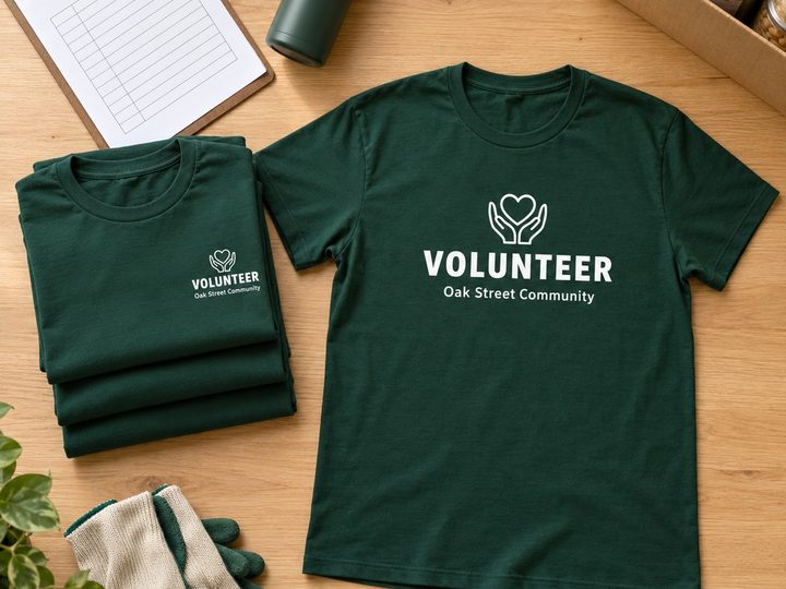 Green volunteer t-shirts with gloves and a clipboard