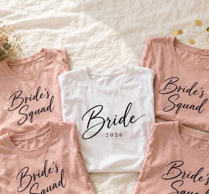 A white Bride t-shirt with script lettering, surrounded by pink Bride's Squad t-shirts